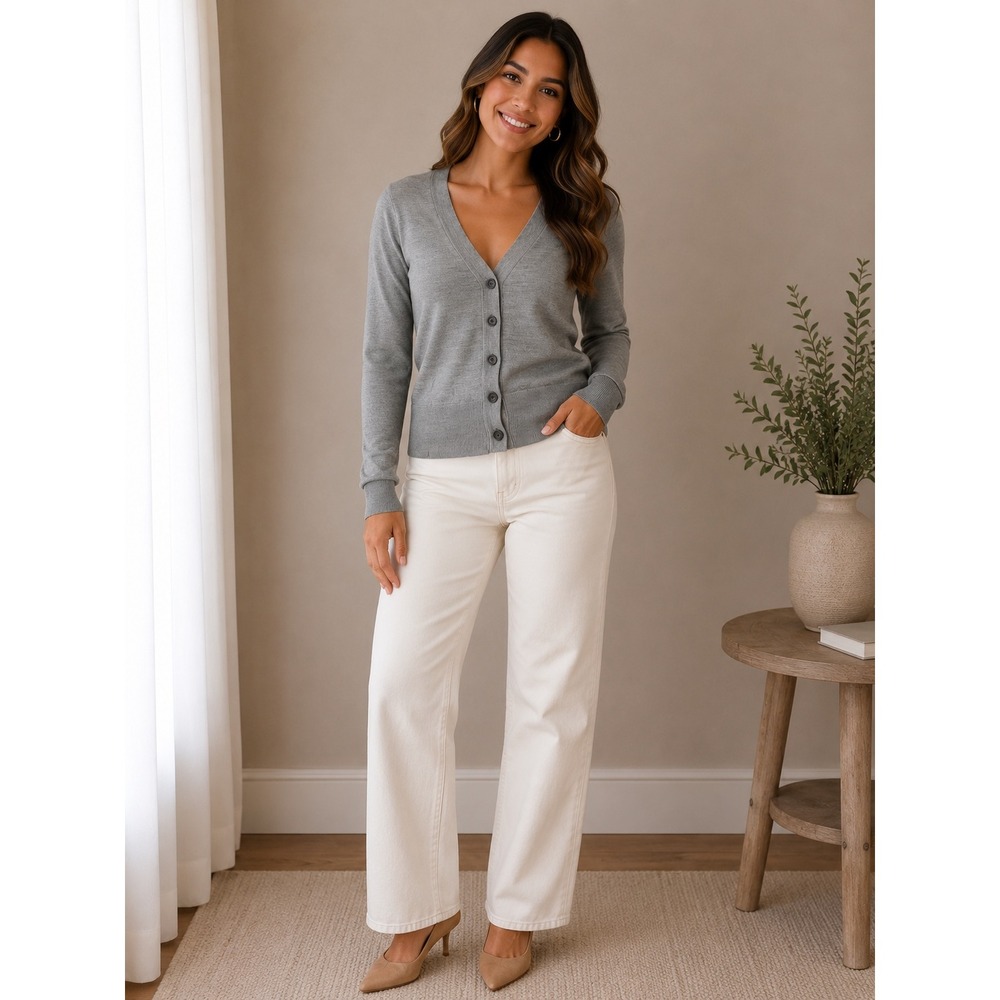Ann Taylor LOFT Heather Gray V-Neck Button Front Cardigan Sweater XS